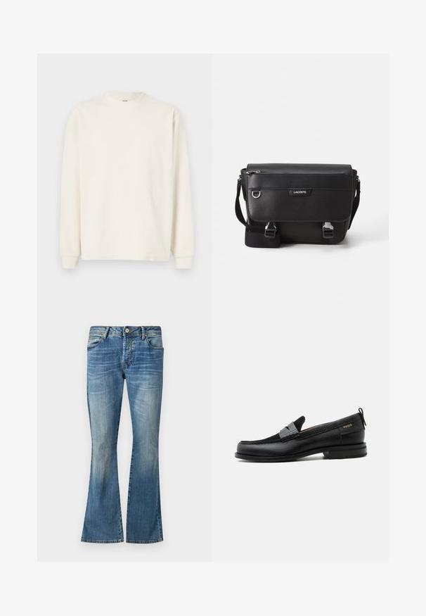Haut en tricot à manches longues et à côtes, de couleur blanc cassé, avec un col rond et des poignets ajustés, présentant une silhouette décontractée.; Jean flair bleu en denim avec un lavage délavé. Présente cinq passants de ceinture, une fermeture à bouton et des détails de couture classiques.; Mocassin en cuir noir avec détail de bride grise, talon bas et semelle texturée, marqué "HUGO" en or sur le côté.; Sac messager Lacoste noir texturé avec bandoulière ajustable, rabat avant, poche zippée et fermetures à boucle en métal.