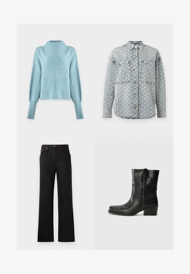 Lyseblå strikket sweater med høj hals, lange faldende ærmer og ribstrikket struktur på en ensfarvet hvid baggrund.; Lyseblå denim skjorte med knapper og hvidt "ax"-tryk over det hele, store brystlommer, krave og lange ærmer.; Højtaljede sorte denimjeans med klokkeformede ben, der har synlige syninger, fem-lomme design og detaljer i kobberfarvet metal.; Sort læder ankelstøvle med rundt tå, blokhæl, lynlås i siden og stikninger på vampsiden. Glat tekstur, klassisk design.