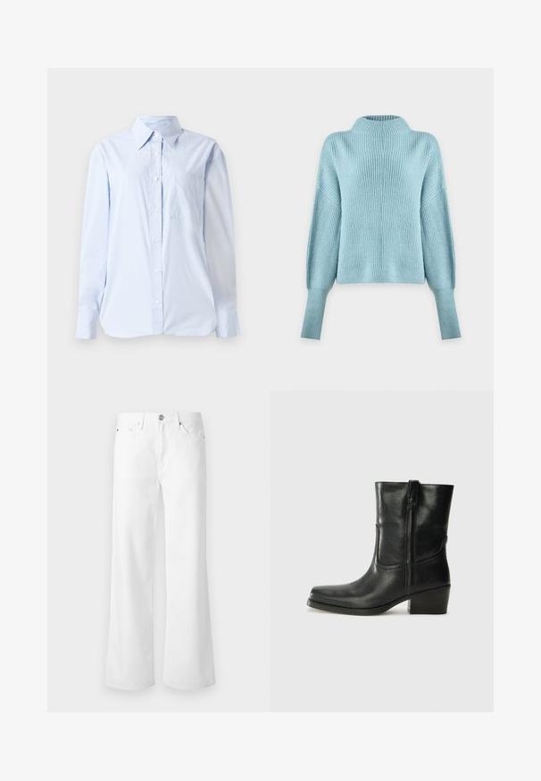 Lyseblå strikket sweater med høj hals, lange faldende ærmer og ribstrikket struktur på en ensfarvet hvid baggrund.; Lyseblå button-up skjorte lavet af bomuld, med spids krave, lange ærmer, en brystlomme og en lige kant.; Hvide højtaljede jeans med vide ben, forrest med knap, lynlås og fem-lomme design på en ensfarvet lys baggrund.; Sort læder ankelstøvle med rundt tå, blokhæl, lynlås i siden og stikninger på vampsiden. Glat tekstur, klassisk design.