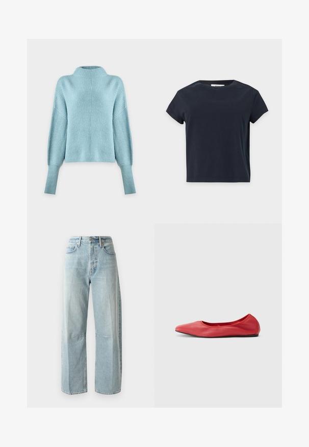 Lyseblå strikket sweater med høj hals, lange faldende ærmer og ribstrikket struktur på en ensfarvet hvid baggrund.; Simpel sort t-shirt med korte ærmer og rund halsudskæring med lige kant på en lys grå baggrund.; Lyseblå vide jeans lavet af denim. Har en høj talje, to forlommer og en lige benlængde med let fading i stoffet.; Filippa K REY FLATS - Ballerinasko - bright red