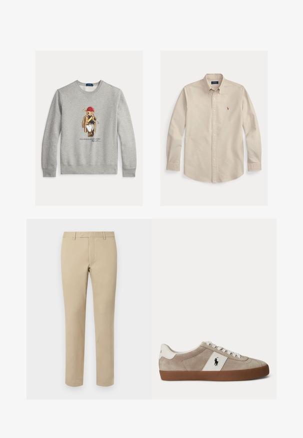 Hall halli pusa, millel on värvikas joonistus karust, kes kannab nokamütsi ja tööriideid, ning soonilised varrukasuu ja alläär. Hõlmab teksti "Polo Bear by Ralph Lauren".; Beež pikkade varrukatega nööbitav särk, nööbitava kraega, Polo Ralph Laureni logo vasakul rinnal tikitud.; Beezikadest puuvillased püksid sirge lõikega, millel on vöörihmade aukud, lapitekinne ja kohandatud äärised. Sile tekstuur ja minimaalne detailide jagamine.; Beežid seemisnahast madala säärega tossud valgete paelte, valge nahkdetaili ja musta hobuse logoga ning pruunast kummist tallaga.