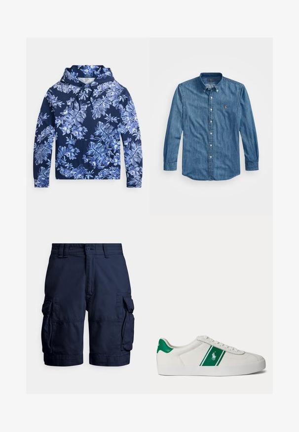 Marineblå hættetrøje med lyseblåt og hvidt tropisk blomsterprint, snøretræk i hætten, frontlomme og lange ærmer.; Button-up denimskjorte i middelblå med spids krave, lange ærmer og et lille broderet logo på brystet. Blød tekstur.; Mørkeblå cargoshorts lavet af slidstærkt stof, med sidelommer, knaplukning og syddetaljer for tekstur.; Hvid low-top sneaker med grøn stribe og Polo-logo på siden, grøn hæl-flik og hvide snørebånd, vist fra venstre side på ensfarvet baggrund.