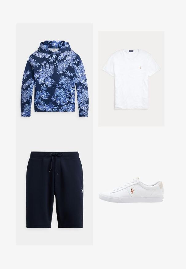 Sweat à capuche bleu marine avec imprimé floral tropical bleu clair et blanc, capuche à cordon, poche kangourou sur le devant, et manches longues.; T-shirt blanc à col rond et manches courtes avec petit logo Polo Ralph Lauren brodé sur la poitrine gauche et étiquette de marque bleue à l’intérieur du col.; Shorts de sport en coton bleu marine avec taille élastique, cordon de serrage et logo sur le côté gauche. Texture lisse, longueur au genou.; Baskets en toile blanches avec un design basse, présentant un onglet de talon beige et un petit logo brodé sur le côté. Semelle en caoutchouc.