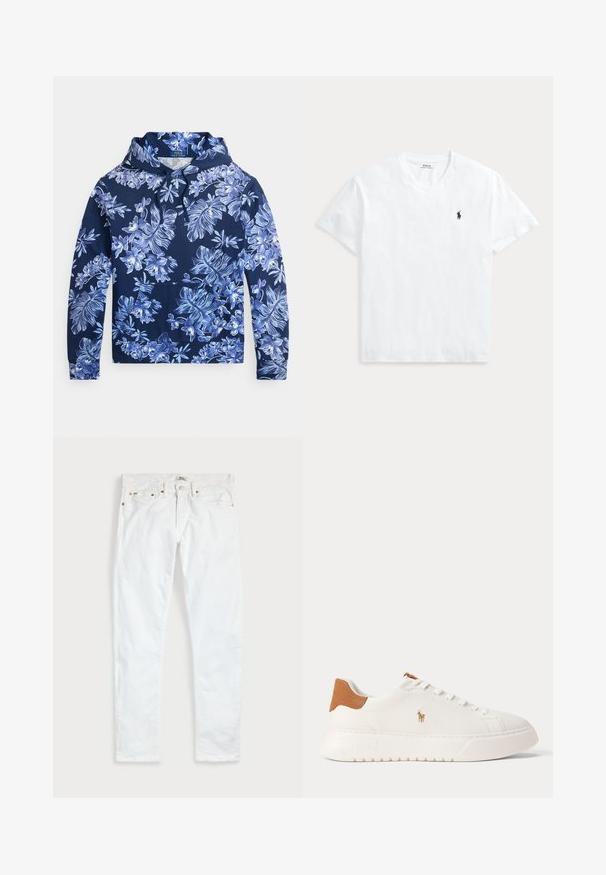 Marineblå hættetrøje med lyseblåt og hvidt tropisk blomsterprint, snøretræk i hætten, frontlomme og lange ærmer.; Hvid T-shirt med V-hals og korte ærmer med lille navyblåt Polo Ralph Lauren hestelogo på venstre bryst.; Hvide slim fit jeans med fem lommer, knaplukning og bæltestropper, fladt lagt på en ensfarvet lys baggrund.; Hvid lavtop sneaker med tan hælfane, hvide snørebånd og lille broderet polo-spiller logo på siden over en tyk sål.