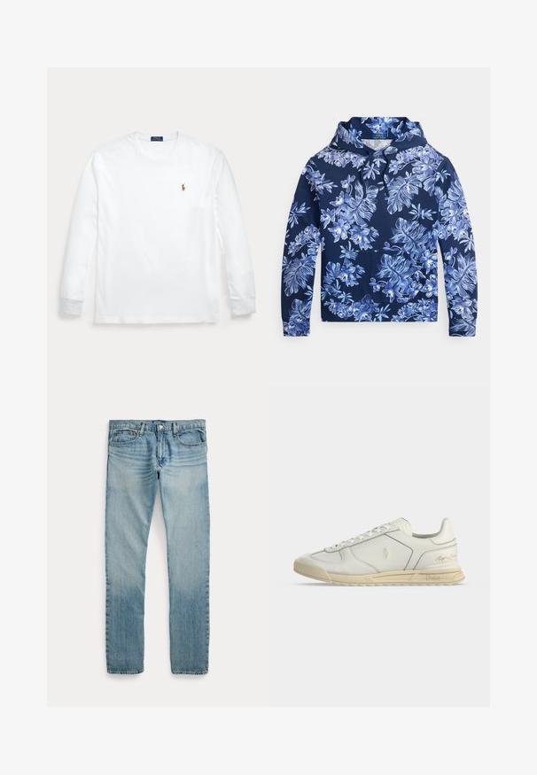 Marineblauer Kapuzenpullover mit hellblauem und weißem tropischem Blumenmuster, Kordelzugkapuze, Fronttasche und langen Ärmeln.; Weißes Langarmshirt mit Rundhalsausschnitt und kleinem besticktem Polo Ralph Lauren-Logo auf der linken Brust.; Hellblaue Jeans mit geradem Bein, fünf Taschen, Knopfverschluss und dezenten verwaschenen Details an Oberschenkeln und Knien.; Weißer flacher Ledersneaker mit beigefarbener Sohle, Schnürung vorne und Polo Ralph Lauren Logos, die an der Seite und Ferse geprägt sind.