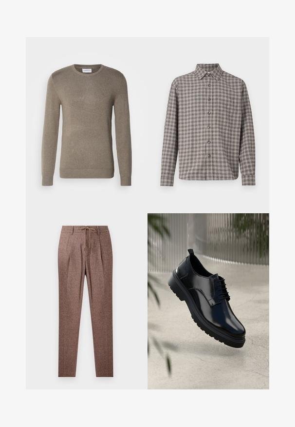 Khaki-farvet sweater lavet af blødt strikkemateriale, med rund halsudskæring, lange ærmer og en diskret broderet logo på brystet.; Brun og creme plaid skjorte med knap-ned krave, lange ærmer og frontknapper; lavet af struktureret stof.; Brune, strukturerede bukser med et hørmønster, der har en snøre i taljen og to frontfolder. Lige ben-design.; Sorte lædersko med en blank overflade, rund tå, snøredesign, kontrastsyninger og en tyk gummisål med mønster.