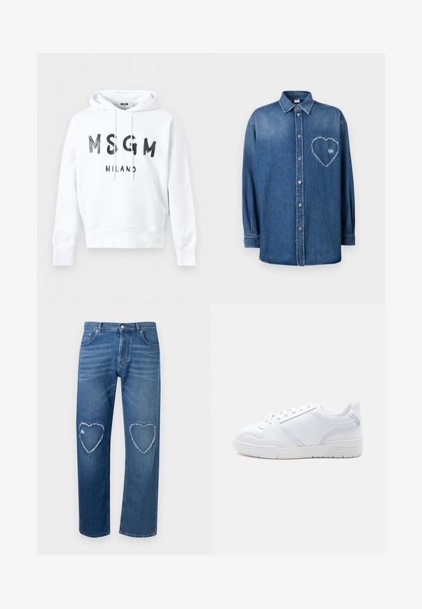 Λευκό φούτερ με κουκούλα, με μαύρο κείμενο "MSGM MILANO" στο μπροστινό μέρος και τσέπη καγκουρό στη μέση.; Μπλε τζιν πουκάμισο με μακριά μανίκια, κουμπιά μπροστά, γιακά και φθαρμένο σχέδιο καρδιάς στο αριστερό στήθος.; Μπλε τζιν παντελόνι με ψηλή μέση, ίσια πόδια και ξεφτισμένες καρδιές σε σχήμα κοψίματος στα δύο γόνατα.; Λευκό sneaker χαμηλής κοπής με σχέδιο κορδονιών, λείο συνθετικό επάνω μέρος και μοτίβο από καουτσούκ στη σόλα, σε απλό φωτεινό φόντο.