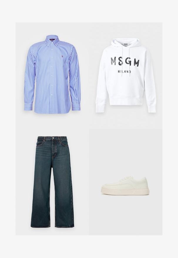 Λευκό φούτερ με κουκούλα, με μαύρο κείμενο "MSGM MILANO" στο μπροστινό μέρος και τσέπη καγκουρό στη μέση.; Polo Ralph Lauren CUSTOM FIT STRIPED PINPOINT OXFORD SHIRT - Πουκάμισο - blue/white; Σκούρο μπλε τζιν παντελόνι με φαρδύ πόδι, με κουμπί μπροστά, φερμουάρ κλεισίματος και σχεδιασμό με πέντε τσέπες, παρουσιάζεται σε λευκό φόντο.; Λευκό αθλητικό παπούτσι με λείο δερμάτινο άνω μέρος, στρογγυλή μύτη, χοντρή σόλα και ελάχιστες λεπτομέρειες ραφής. Διαθέτει επίπεδα κορδόνια και υφασμένη σόλα.