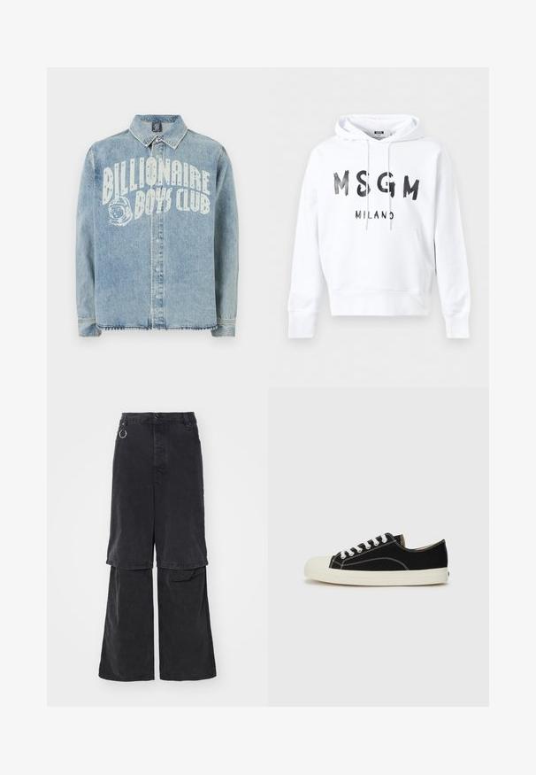 Λευκό φούτερ με κουκούλα, με μαύρο κείμενο "MSGM MILANO" στο μπροστινό μέρος και τσέπη καγκουρό στη μέση.; Φωτεινό γαλάζιο τζιν μπουφάν με κουμπιά μπροστά, γιακά, και λευκή επιγραφή "Billionaire Boys Club" με γραφικό κράνος αστροναύτη στο στήθος.; Études NOCTURNE - Τζιν χαλαρής εφαρμογής - black washed; Μαύρα καμβά sneakers με λευκές ραφές, στρογγυλή προστασία από καουτσούκ στην μύτη και λευκές κορδόνες. Περιέχει υφασμάτινο επάνω μέρος με υφή και μπεζ σόλα.