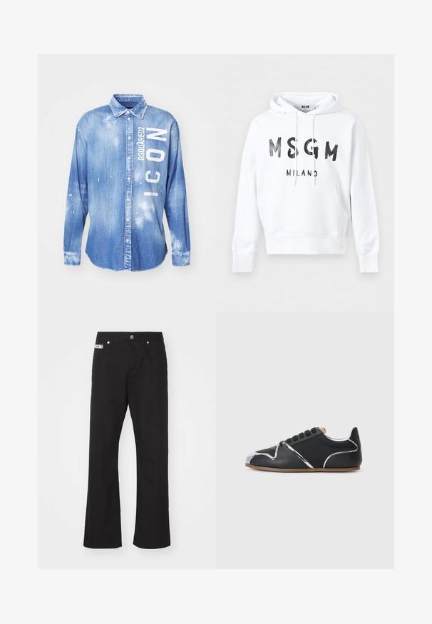 Hvid hættetrøje med sort "MSGM MILANO" tekst foran og en kængurulomme ved taljen.; Lyseblå denimskjorte med frontknaplukning, lange ærmer, krave og hvidt trykt tekst "DSQUARED2 ICON" med malerstænkdetaljer.; Svarte bomuldsbukser med lige ben-design, der har en frontknaplukning, to sidelommer og et lille mærke på linningen.; Sort lav sneakers med sølv accenter, sorte snørebånd, tanfarvet inderforing og en tynd brun sål mod en ensartet lysegrå baggrund.