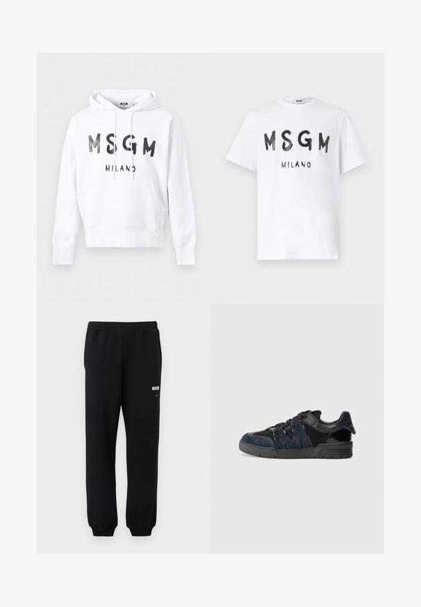 Witte capuchontrui met zwarte tekst "MSGM MILANO" aan de voorkant en een buidelzak ter hoogte van de taille.; Witte T-shirt met korte mouwen, voorzien van een zwart MSGM-logo in penseelstreekstijl en de tekst "MILANO" gecentreerd aan de voorkant.; Zwarte sweatpants met een elastische tailleband en boorden, met een klein wit "Moschino" logo op de bovenste linker dij.; Zwarte en marineblauwe sneakers zijn gemaakt van suede en mesh materialen, met een dikke zool en een opvallend uitgesneden "M" detail aan de zijkant.