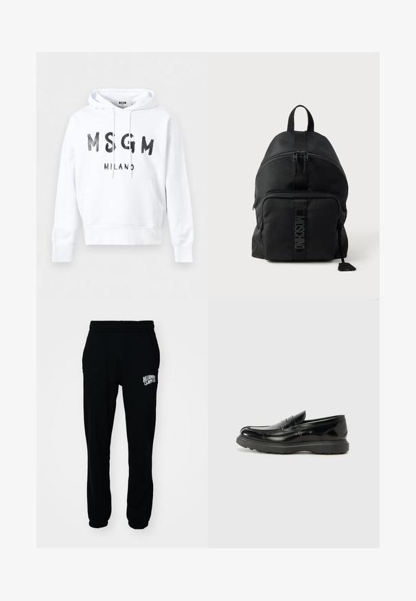 Sudadera blanca con capucha, con texto negro "MSGM MILANO" en el frente y un bolsillo tipo canguro en la cintura.; Pantalones jogger de felpa negra con cintura elástica y puños. Presentan un logo blanco en el muslo izquierdo. Textura suave, corte relajado.; Mocasín de cuero negro con un acabado brillante, punta redondeada, detalles de costura sutiles y una suela de goma gruesa para mayor durabilidad.; Mochila negra Moschino con asa superior, bolsillo frontal con cremallera y logo visible en la correa del bolsillo frontal sobre un fondo claro y liso.