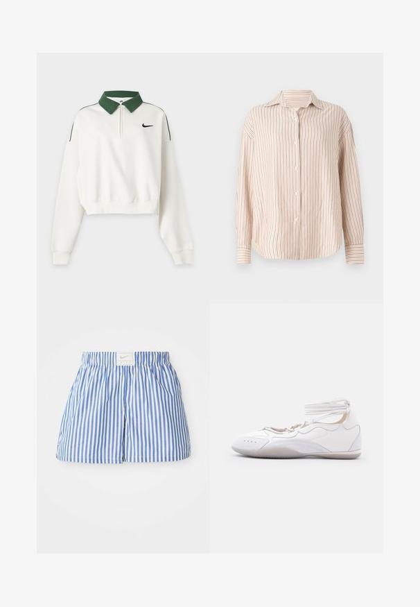 Witte cropped sweatshirt met lange mouwen, groene kraag, rits aan de voorkant, zwart Nike Swoosh-logo op de borst en groene schouderstrepen.; Gestreepte button-up shirt in off-white met dunne verticale rode strepen. Heeft een spread collar en lange mouwen met manchet-einden.; Blauwe en witte gestreepte shorts met een elastische tailleband en een label met het Nike-logo. Gemaakt van lichtgewicht stof met een zachte textuur.; Witte platte schoen met enkelbandjes, afgeronde neus en gestikte details, ontworpen voor casual of licht atletisch gebruik.