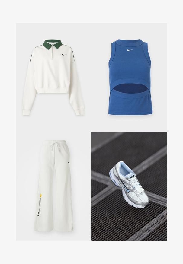 Biely krátky mikina s dlhým rukávom, zeleným golierom, predným zipsom, čiernym logom Nike Swoosh na hrudi a zelenými pásikmi na ramenách.; Modrý bezrukávový crop top Nike s vysokým golierom a výrezom na bruchu, rebrovaná látka a biely logo Swoosh vpredu v strede.; Biele široké teplákové nohavice s elastickým pásom, šnúrkou, bočnými rozparkami, čiernym logom Nike a kontrastným žltým grafickým textom.; Biele sieťové atletické topánky so striebornými akcentmi, svetlomodrým prešívaním a čiernym logom swoosh. Majú vystužený golier a textúrovanú podrážku.