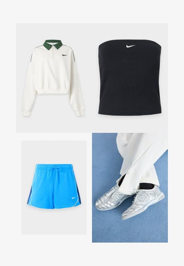 Witte cropped sweatshirt met lange mouwen, groene kraag, rits aan de voorkant, zwart Nike Swoosh-logo op de borst en groene schouderstrepen.; Zwarte Nike strapless tube top met wit Swoosh-logo gecentreerd nabij de bovenrand, effen achtergrond.; Blauwe sportshorts met witte biezen langs de randen, donkerblauwe zijpanelen, elastische tailleband, trekkoord en een klein wit Nike-logo aan de voorkant.; Zilveren sportschoenen met een gladde, glanzende afwerking, voorzien van een gestikt ontwerp en het nummer 90 aan de zijkant, gecombineerd met witte broek.