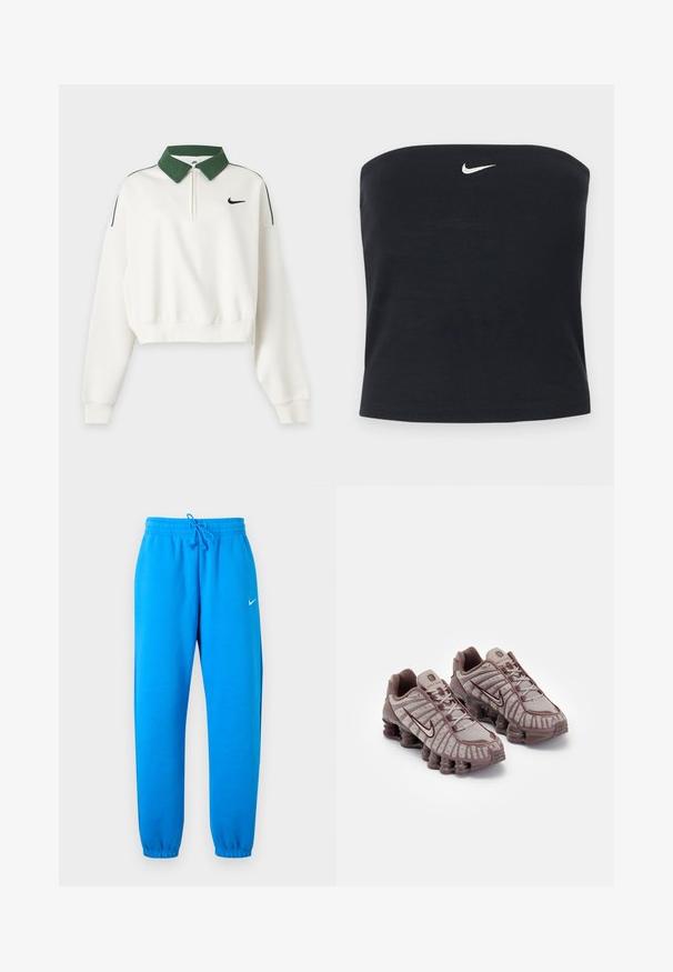 Weißes, kurz geschnittenes Sweatshirt mit langen Ärmeln, grünem Kragen, Frontreißverschluss, schwarzem Nike Swoosh-Logo auf der Brust und grünen Schulterstreifen.; Schwarzes, trägerloses Nike Tube-Top mit weißem Swoosh-Logo, mittig nahe dem oberen Rand, einfarbiger Hintergrund.; Knallig blaue Nike Sweatpants mit elastischem Bund, verstellbarem Kordelzug, elastischen Bündchen und kleinem weißen Nike-Logo am rechten Oberschenkel.; Nike Sportswear SHOX TL - Sneaker low - pumice/night maroon/plum eclipse
