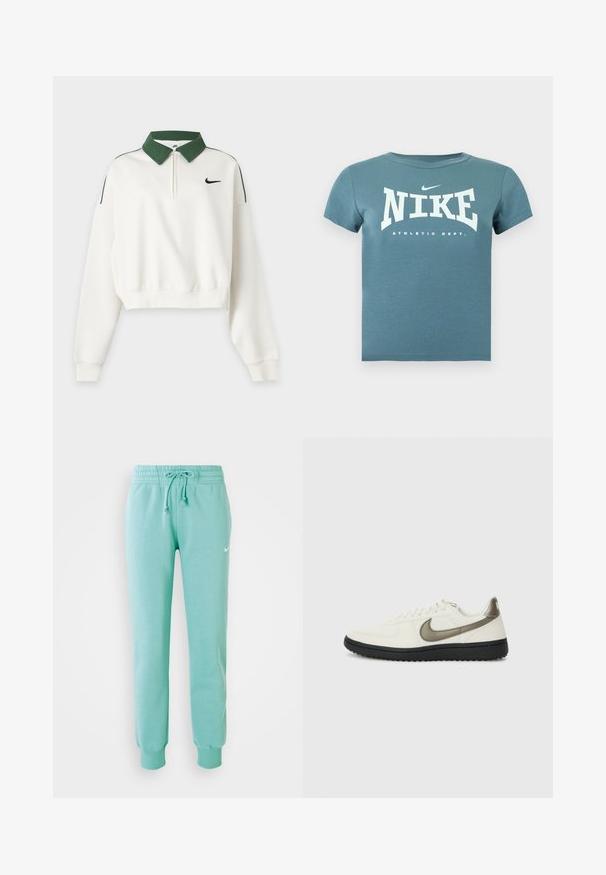 Biely krátky mikina s dlhým rukávom, zeleným golierom, predným zipsom, čiernym logom Nike Swoosh na hrudi a zelenými pásikmi na ramenách.; Krátke tričko Nike v tyrkysovej farbe s bielym nápisom „NIKE ATHLETIC DEPT.“ a malým logom swoosh na hrudi, zobrazené na jednoduchom pozadí.; Mentolové tepláky s elastickým pásom, šnúrkou na stiahnutie a rebrovanými manžetami. Na ľavom stehne sa nachádza malé biele logo Nike.; Nike Sportswear FIELD GENERAL - Tenisky - off-white/black