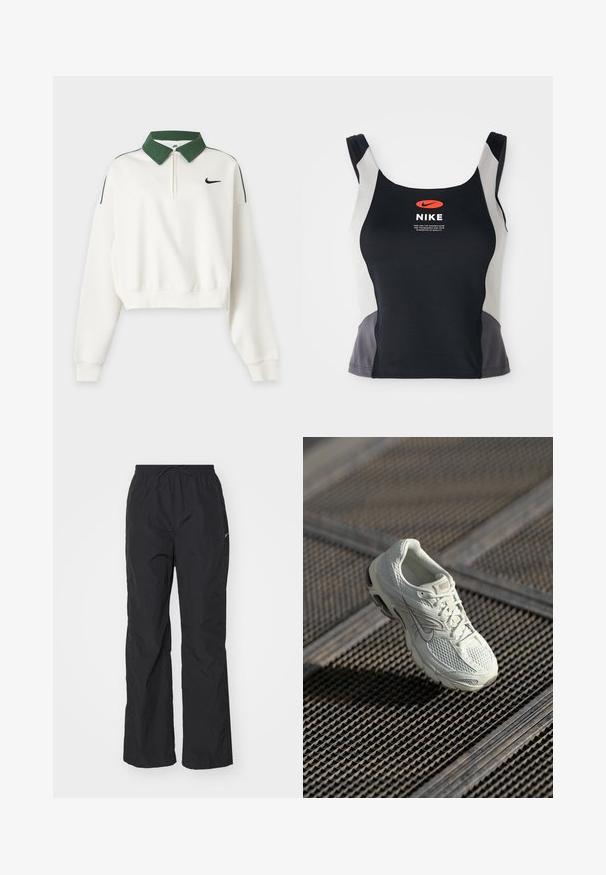 Weißes, kurz geschnittenes Sweatshirt mit langen Ärmeln, grünem Kragen, Frontreißverschluss, schwarzem Nike Swoosh-Logo auf der Brust und grünen Schulterstreifen.; Schwarz-graues sportliches Tanktop mit rundem Halsausschnitt, schmalen Trägern und einem zentralen orangen Nike-Logo, das auf der Vorderseite aufgedruckt ist.; Schwarze, leichte Hose mit elastischem Bund und Kordelzug. Verfügt über eine strukturierte Oberfläche und ein kleines reflektierendes Logo an der Seite.; Weiße Nike-Laufschuhe mit Mesh- und synthetischem Obermaterial, die auf einem Metallgittersockel im sanften natürlichen Licht liegen.