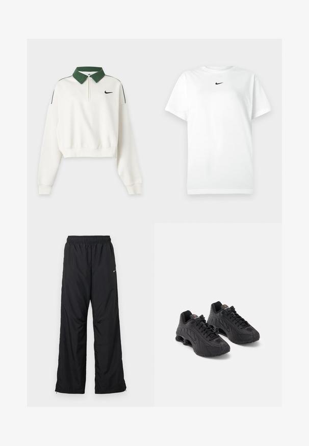 Weißes, kurz geschnittenes Sweatshirt mit langen Ärmeln, grünem Kragen, Frontreißverschluss, schwarzem Nike Swoosh-Logo auf der Brust und grünen Schulterstreifen.; Weißes T-Shirt mit kurzen Ärmeln und Rundhalsausschnitt, mit kleinem schwarzen Nike-Swoosh-Logo, das zentriert unter dem Halsausschnitt platziert ist.; Schwarze Sporthose mit elastischem Bund, Seitentaschen und lockerem Schnitt. Hergestellt aus leichtem, glattem Stoff mit dezentem Glanz.; Schwarze Sportschuhe mit einem glatten synthetischen Obermaterial, strukturierten Akzenten, Schnürdesign und sichtbarer Federung im Fersenbereich.