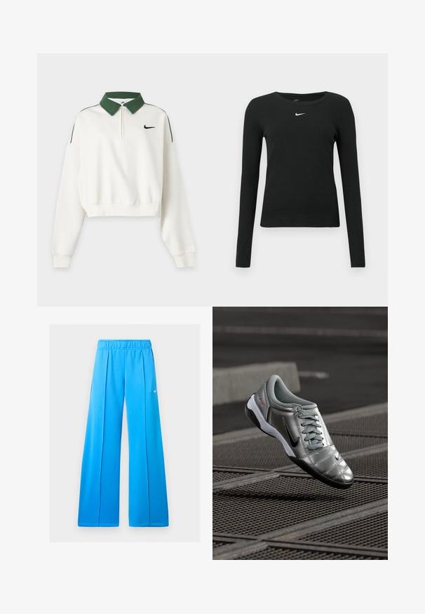 Hvid cropped sweatshirt med lange ærmer, grøn krave, lynlås foran, sort Nike Swoosh-logo på brystet og grønne skulderstriber.; Sort, langærmet tætsiddende top lavet af ribbet stof, med rund halsudskæring og et diskret hvidt Nike-logo på brystet.; Lyseblå atletikbukser med vide ben, elastisk linning og lille hvid Nike swoosh-logo på højre lår.; Sølv Nike sko med en glat finish, der har et snørebåndsdesign og en sort ydersål. Tekstureret overdel med subtile accenter og logo.