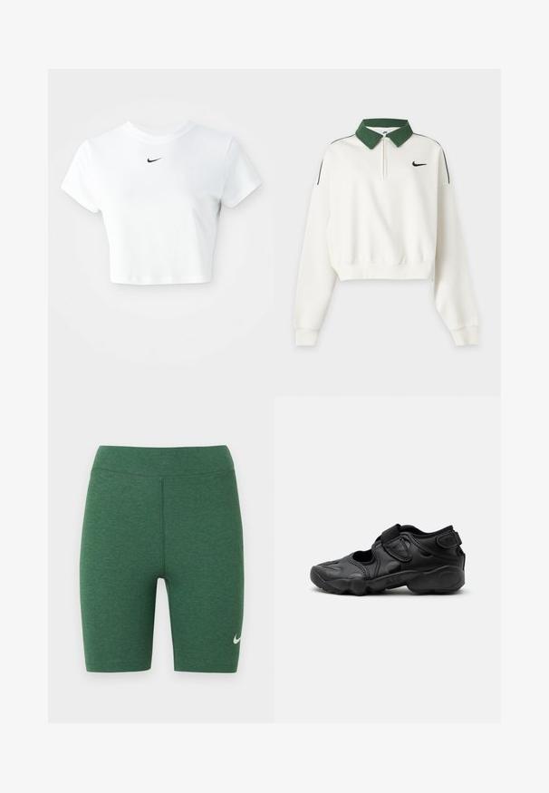Weißes, kurz geschnittenes Sweatshirt mit langen Ärmeln, grünem Kragen, Frontreißverschluss, schwarzem Nike Swoosh-Logo auf der Brust und grünen Schulterstreifen.; Weißes, kurz geschnittenes T-Shirt aus Baumwolle mit kurzen Ärmeln und rundem Ausschnitt, versehen mit einem schwarzen Nike-Logo auf der Brust.; Grüne Sportschorts aus Stretchmaterial. Hoch tailliertes Design mit flachen Nähten und einem weißen Nike-Logo am unteren linken Bein.; Schwarze sportliche Sandale mit geschlossenem Zehenbereich, Klettverschlüssen am Mittelfuß und an der Ferse sowie einer dicken gepolsterten Sohle mit der Aufschrift „AIR“ an der Seite.