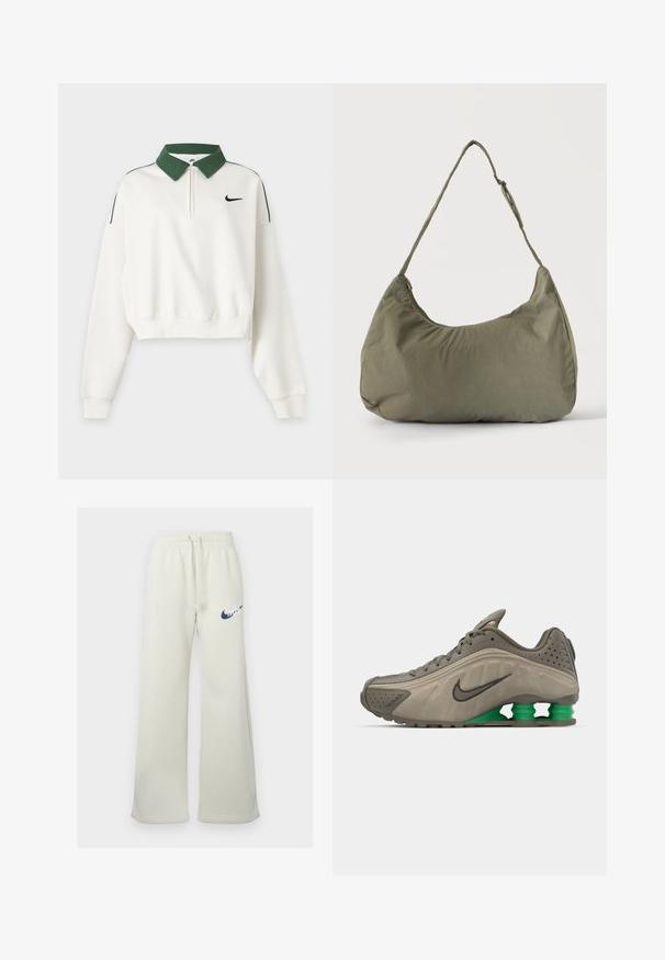 Biely krátky mikina s dlhým rukávom, zeleným golierom, predným zipsom, čiernym logom Nike Swoosh na hrudi a zelenými pásikmi na ramenách.; Krémové tepláky vyrobené zo zmesi bavlny, s voľným strihom, elastickým pásom so šnúrkou a námorníckym logom Nike na prednej strane.; Nike tenisky v olivovo zelenej farbe s hladkým povrchom, perforovanými detailmi, čiernymi akcentmi a zeleným polstrovaním na päte. Ľahký, aerodynamický dizajn.; Olivovo zelená mäkká látková taška cez rameno so zipsovým uzáverom a nastaviteľným popruhom na svetlom jednofarebnom pozadí.