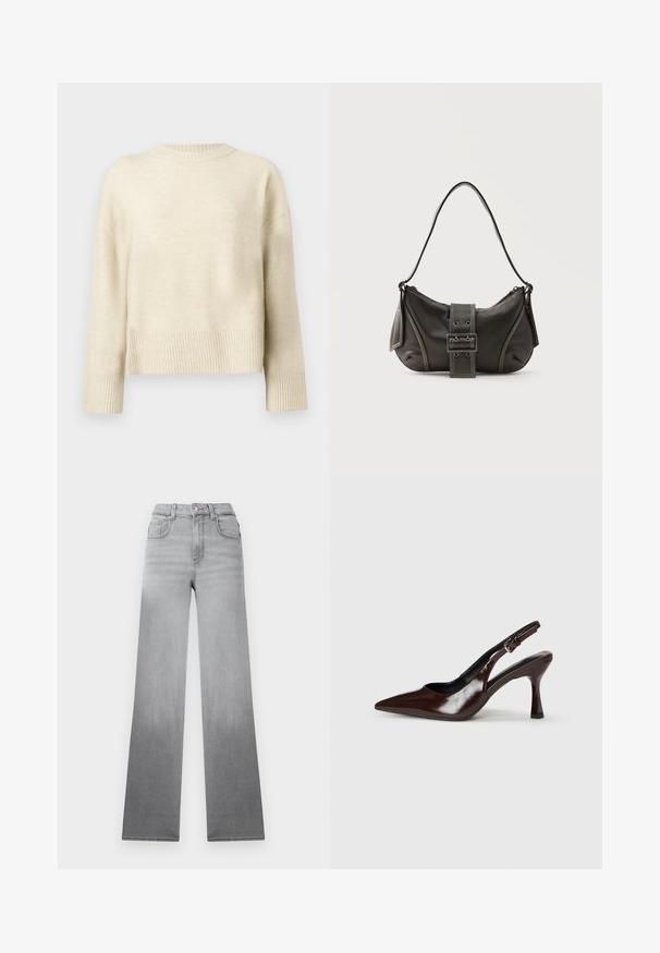 Cremefarvet strikket sweater med lange ærmer, ribbede manchetter, kant og rund halsudskæring, præsenteret på en ensfarvet baggrund.; Grå jeans med en falmet ombré-effekt, højtaljet design, klassisk fem-lomme stil og lige, brede ben lavet af denimstof.; Brune patenterede læderslingback-sandaletter med spids tå, en tynd hæl og justerbar rem med en lille spænde.; Sort læder skuldertaske med spænde på remmen, afrundede kanter og kontrasterende hvide syninger på en ensfarvet baggrund.