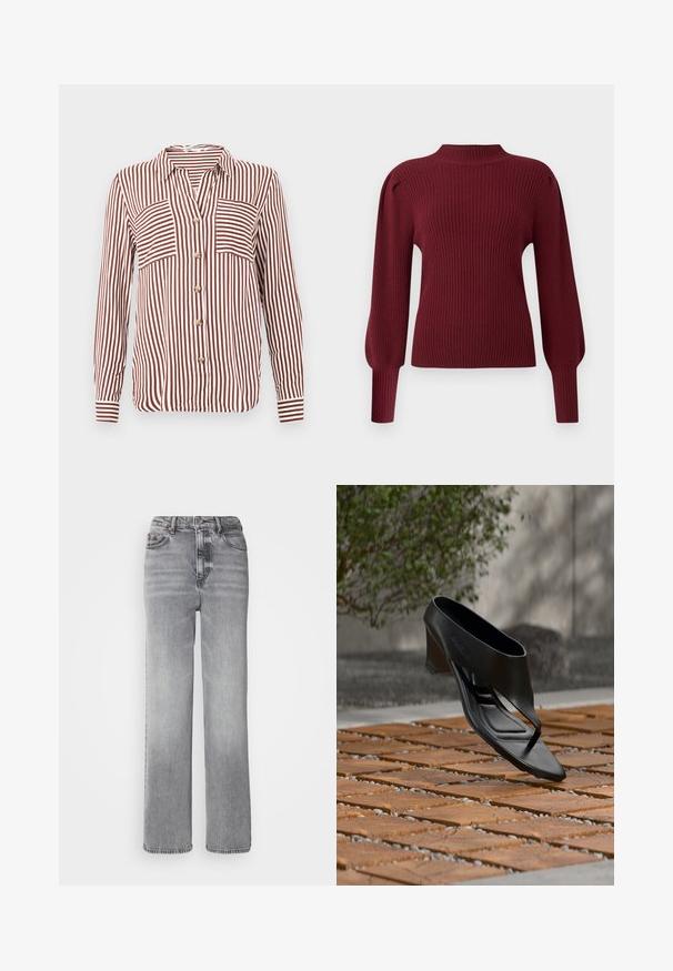 Suéter de punto acanalado burdeos con cuello alto, mangas largas abullonadas y puños ajustados. Presenta una textura suave y un diseño estructurado.; Camisa de botones a rayas con franjas verticales alternadas en color marrón y blanco, dos bolsillos delanteros y botones en tono dorado. Material de mezcla de algodón.; Jeans grises de cintura alta con un diseño de pierna recta, desvanecimiento ligero y un clásico estilo de cinco bolsillos con cierre de botón de metal.; Sandalia negra de tacón alto con tira entre los dedos, flotando sobre una superficie exterior de madera y grava con patrón, con vegetación desenfocada y pared al fondo.