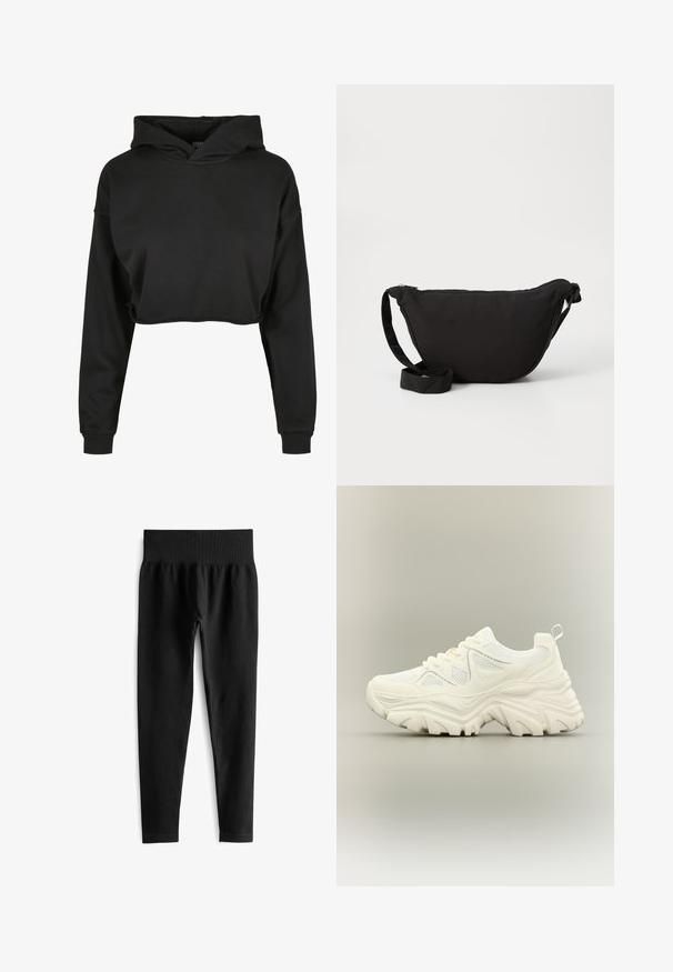 Zwarte cropped hoodie van zachte stof met een capuchon met trekkoord, lange mouwen en geribbelde manchetten, met een schone, eenvoudige uitstraling.; Zwarte geribde leggings met een brede elastische tailleband, met een aansluitende pasvorm en een gladde textuur. Geen zichtbare hardware of patronen.; Witte chunky sneaker met dikke textuurrijke zool, mesh panelen, veters aan de voorkant en een treklipje aan de hiel op een neutrale achtergrond.; Zwarte hobo tas gemaakt van zachte stof, met een gebogen vorm, een ritssluiting en een brede verstelbare schouderriem. Glad van structuur zonder patronen.