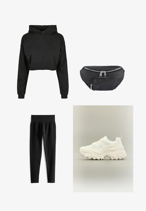 Zwarte cropped hoodie van zachte stof met een capuchon met trekkoord, lange mouwen en geribbelde manchetten, met een schone, eenvoudige uitstraling.; Zwarte geribde leggings met een brede elastische tailleband, met een aansluitende pasvorm en een gladde textuur. Geen zichtbare hardware of patronen.; Witte chunky sneaker met dikke textuurrijke zool, mesh panelen, veters aan de voorkant en een treklipje aan de hiel op een neutrale achtergrond.; Zwarte nylon heuprugzak met een hoofdvak met rits en een voorvak, voorzien van zilveren ritsen en een verhoogd logo met de letter "B".