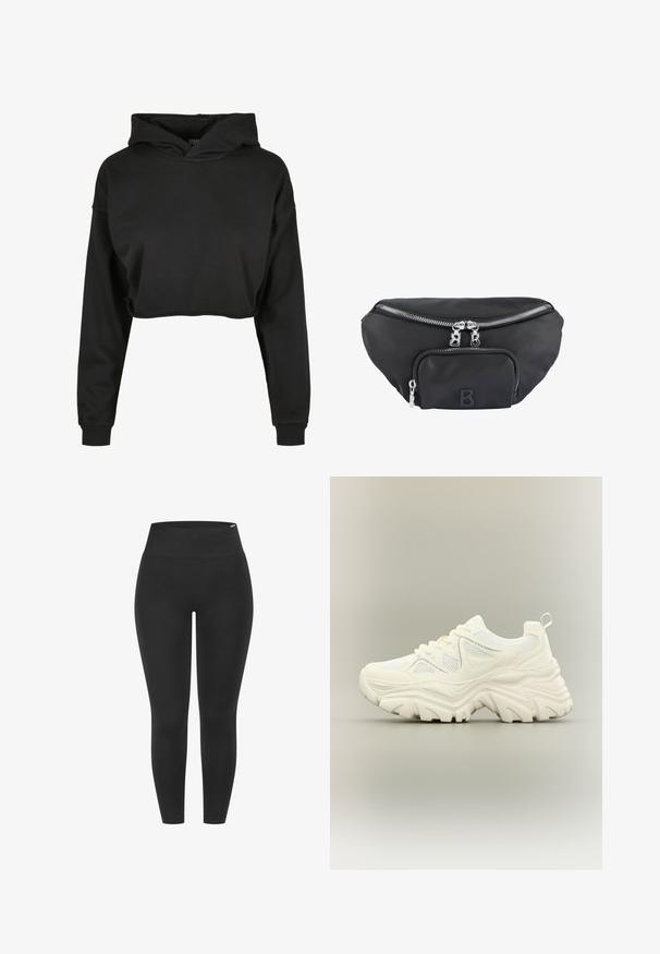 Zwarte cropped hoodie van zachte stof met een capuchon met trekkoord, lange mouwen en geribbelde manchetten, met een schone, eenvoudige uitstraling.; Zwarte legging met een hoge elastische tailleband, een gladde textuur en een aansluitend ontwerp, geschikt voor diverse activiteiten.; Witte chunky sneaker met dikke textuurrijke zool, mesh panelen, veters aan de voorkant en een treklipje aan de hiel op een neutrale achtergrond.; Zwarte nylon heuprugzak met een hoofdvak met rits en een voorvak, voorzien van zilveren ritsen en een verhoogd logo met de letter "B".