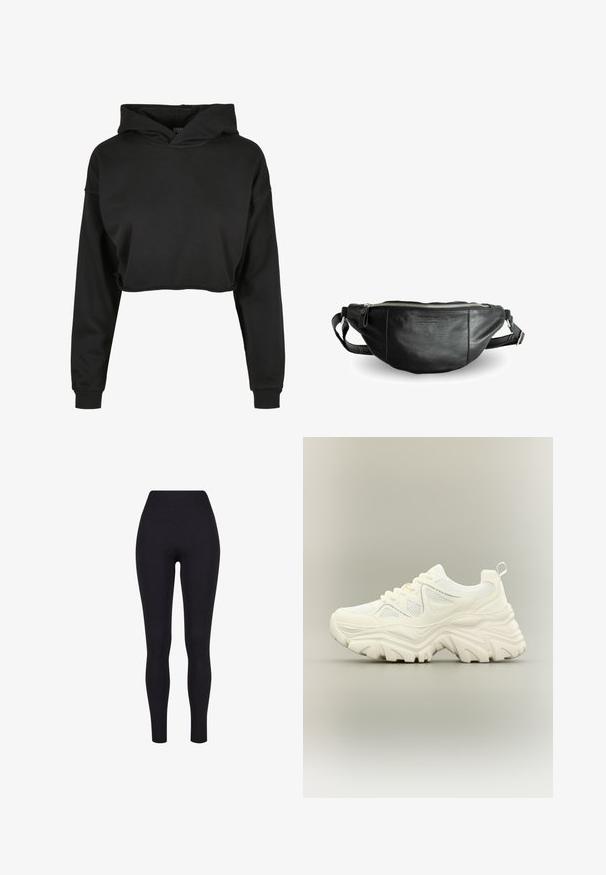 Zwarte cropped hoodie van zachte stof met een capuchon met trekkoord, lange mouwen en geribbelde manchetten, met een schone, eenvoudige uitstraling.; Zwarte high-waisted legging, gemaakt van rekbaar materiaal, met een gladde textuur en een aansluitend ontwerp zonder zichtbare naden of patronen.; Witte chunky sneaker met dikke textuurrijke zool, mesh panelen, veters aan de voorkant en een treklipje aan de hiel op een neutrale achtergrond.; Still Nordic BASIC - Heuptas - black