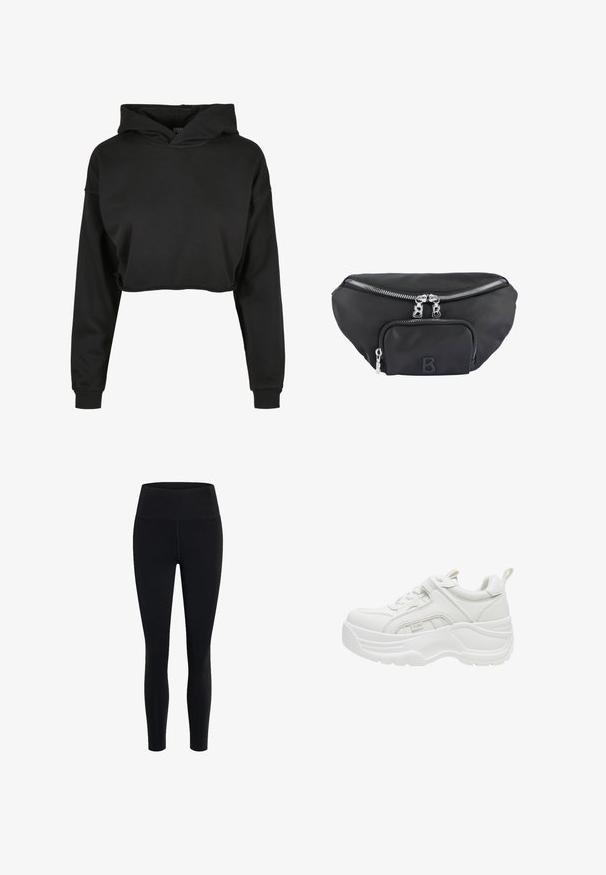 Sort cropped hoodie lavet af blødt stof med snoretræk i hætten, lange ærmer og ribbede manchetter, med et rent, enkelt design.; Girlfriend Collective FLOAT HIGH RISE LEGGING 7/8 - Tights - black; Hvid chunky sneaker med tyk sål, snørelukning foran, polstret krave og trækstykke på hælen.; Sort nylon bæltetaske med et hovedrum og en frontlomme, udstyret med sølvfarvede lynlåse og et forhøjet "B" logo.
