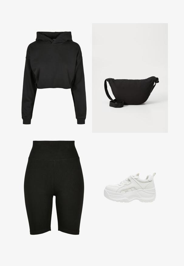 Sort cropped hoodie lavet af blødt stof med snoretræk i hætten, lange ærmer og ribbede manchetter, med et rent, enkelt design.; Sorte højtaljede cykelshorts lavet af strækstof, med en glat overflade og syet kant, designet til komfort og bevægelsesfrihed.; Hvid chunky sneaker med tyk sål, snørelukning foran, polstret krave og trækstykke på hælen.; Sort hobo taske lavet af blødt stof, med en buet form, lynlåslukning og en bred justerbar rem. Glat tekstur uden mønstre.