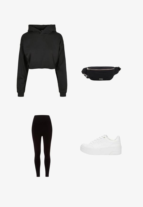 Zwarte cropped hoodie van zachte stof met een capuchon met trekkoord, lange mouwen en geribbelde manchetten, met een schone, eenvoudige uitstraling.; Zwarte leggings van rekbaar materiaal, met een hoge taille, een gladde textuur en een aansluitend ontwerp, zonder enige patronen of versieringen.; Witte plateau sneaker met veters aan de voorkant, geperforeerde zijkanten en dikke zool, weergegeven vanaf de buitenkant op een witte achtergrond.; Zwarte stoffen heuptas met zilveren rits en verstelbare band, voorzien van klein wit "Bimba y Lola"-logo aan de voorkant.