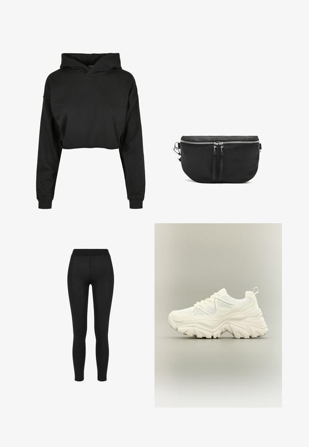 Sort cropped hoodie lavet af blødt stof med snoretræk i hætten, lange ærmer og ribbede manchetter, med et rent, enkelt design.; Sorte leggings i glat stof, med høj talje, tætsiddende design og uden synlige sømme, velegnet til afslappet eller aktivt brug.; Hvid chunky sneaker med tyk tekstureret sål, mesh paneler, snørelukning foran og trækstrop ved hælen på en neutral baggrund.; Sort nylon crossover taske med rund form, dobbelt lynlås-lukninger og to justerbare stropper til sikker bæring.