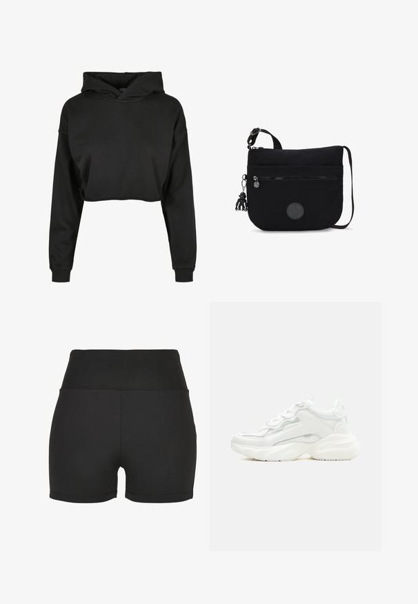Sudadera recortada negra de tela suave que cuenta con capucha con cordón, mangas largas y puños acanalados, con un diseño limpio y sencillo.; Shorts atléticos negros de talle alto, fabricados con un material elegante y elástico. Presentan costuras suaves y un diseño ajustado, ideales para ropa deportiva.; Zapatilla deportiva blanca y robusta con suela gruesa, cierre de cordones en la parte frontal y parte superior sintética lisa con detalles de costuras sutiles.; Bolso de hombro de tela negra con un diseño plano, correa ajustable, bolsillo frontal con cremallera y un llavero con figura de mono como detalle.