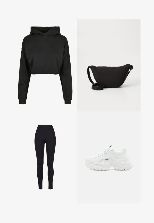 Haut cropped noir en tissu doux, doté d'une capuche avec cordon de serrage, de manches longues et de poignets côtelés, avec un design épuré et simple.; Leggings noirs taille haute, fabriqués à partir d'un tissu extensible, présentant une texture lisse et un design ajusté sans coutures ni motifs visibles.; Des sneakers blancs chunky avec un dessus en cuir lisse, un bout rond et une semelle épaisse texturée avec un logo de marque visible sur le côté.; Sac hobo noir en tissu doux, avec une forme courbée, une fermeture éclair et une large sangle réglable. Texture lisse sans motifs.
