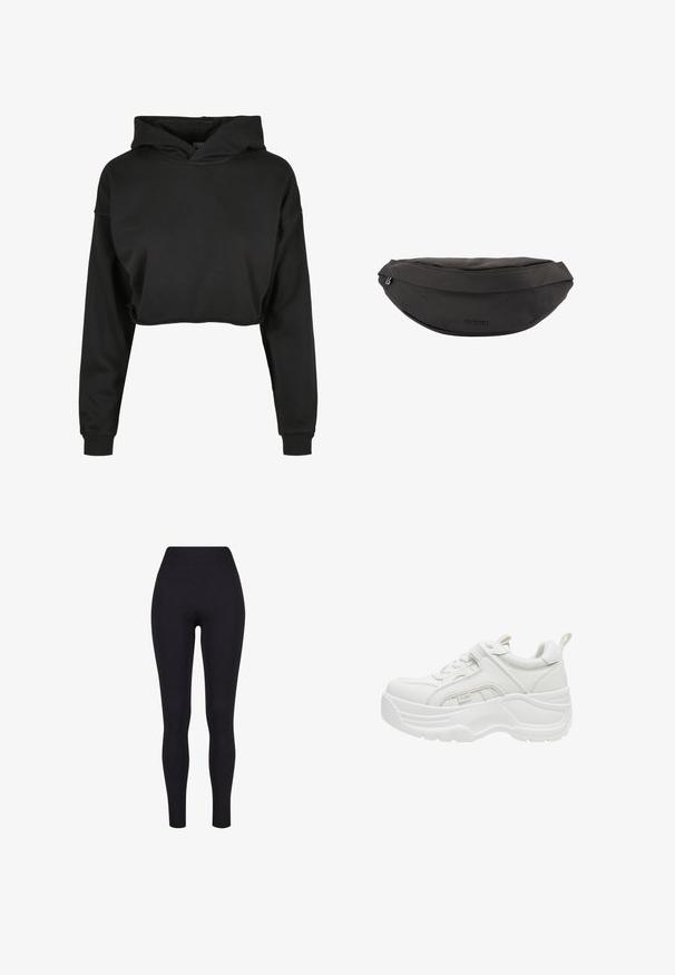 Sort cropped hoodie lavet af blødt stof med snoretræk i hætten, lange ærmer og ribbede manchetter, med et rent, enkelt design.; Sorte højtaljerede leggings, lavet af strækbart stof, med en glat tekstur og en tætsiddende design uden synlige sømme eller mønstre.; Hvid chunky sneaker med tyk sål, snørelukning foran, polstret krave og trækstykke på hælen.; Sort stoftalje taske med lynlåslukning og "BOGNER"-logo på forsiden i midten.