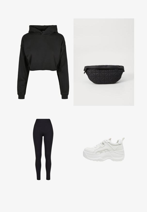 Sort cropped hoodie lavet af blødt stof med snoretræk i hætten, lange ærmer og ribbede manchetter, med et rent, enkelt design.; Sorte højtaljerede leggings, lavet af strækbart stof, med en glat tekstur og en tætsiddende design uden synlige sømme eller mønstre.; Hvid chunky sneaker med tyk sål, snørelukning foran, polstret krave og trækstykke på hælen.; Sort quiltet taske med en blød, polstret tekstur og et vinkelret diamantmønster, med en buet silhuet og lynlåslukning.