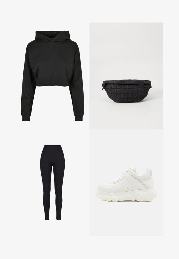 Μαύρο cropped hoodie από μαλακό ύφασμα με κουκούλα με κορδόνι, μακριά μανίκια και ριμπ τελειώματα, με καθαρό και απλό σχέδιο.; Μαύρο κολάν ψηλής μέσης, κατασκευασμένο από ελαστικό ύφασμα, με λείες υφές και εφαρμοστή σχεδίαση χωρίς ορατές ραφές ή μοτίβα.; Λευκό chunky sneaker με χοντρή σόλα, σχέδιο με κορδόνια και λογότυπο "Buffalo" στο πλάι και στη φτέρνα.; Μαύρη τσάντα με πλισέ σχέδιο που διαθέτει μαλακή, επενδεδυμένη υφή και γωνιώδες σχέδιο διαμαντιών, με καμπύλη σιλουέτα και φερμουάρ.