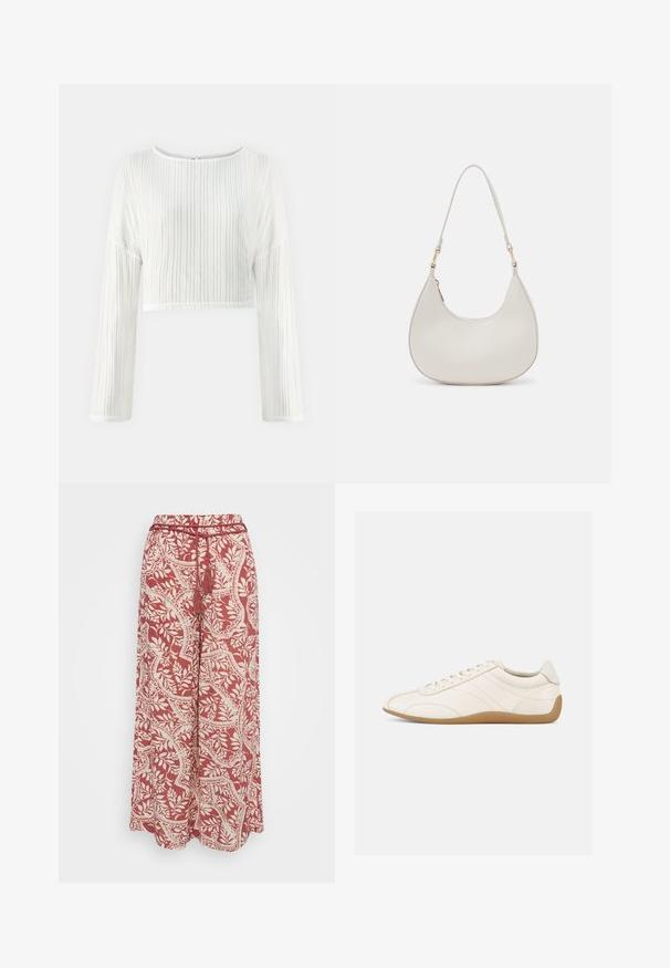 Top blanco de manga larga recortado con textura de canalé vertical, escote redondo y corte relajado, que presenta mangas amplias y un brillo sutil.; Vero Moda Petite VMBALI WIDE PANTS - Pantalones - marsala; Zapatilla deportiva de cuero blanco con textura suave, punta redondeada y costuras tono sobre tono. Cuenta con una suela de goma color cuero y cierre de cordones.; Bolso de hombro de cuero crema con forma de media luna, correa delgada y sutil detalle de costuras. Diseño minimalista con acentos de hardware en tono dorado.