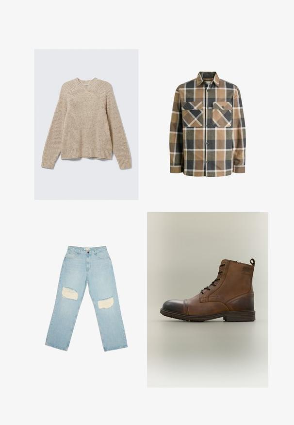 Beige ribbet sweater med rund halsudskæring og lange ærmer. Lavet af tekstureret materiale, med en afslappet pasform og ribbede manchetter.; Ternet flannel skjorte med brune, beige og sorte mønstre. Har to brystlommer, knaplukning foran og en klassisk krave.; Lyseblå denim jeans med høj talje, lige ben og slidte lapper på begge lår.; Brun læderstøvle med snørebånd, sort tåhætte, rund sål og mærket detalje på siden mod ensfarvet baggrund.