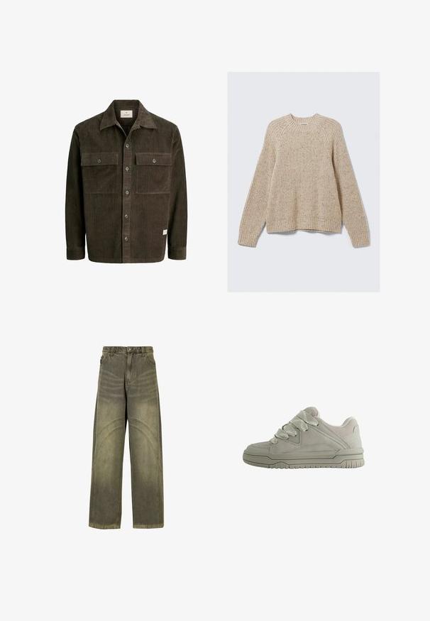 Beige ribbet sweater med rund halsudskæring og lange ærmer. Lavet af tekstureret materiale, med en afslappet pasform og ribbede manchetter.; Brun kordfløjljakke med vertikal ribstruktur, knaplukning foran, to brystlommer og klassisk krave, med et diskret mærke ved kanten.; Bredde ben jeans i olivengrøn denim med buede søm-detaljer, klassisk knaplukning og en falmet finish.; Lav-snit grå sneaker med tykke teksturerede snørebånd, polstret krave, syninger i panelerne og en rilled gummisål for greb.