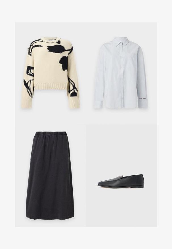 Pull en tricot beige avec des motifs floraux abstraits noirs sur le devant, les manches et les épaules, doté de poignets et d'un ourlet côtelés.; Chemise à rayures bleu clair avec col pointu, manches longues, une poche poitrine et des accents brodés sur les poignets.; Jupe en coton noir avec une taille élastique, longueur genou, avec un ourlet effiloché et une silhouette droite simple.; Mocassins en cuir noir à texture lisse, bout arrondi et détails de couture subtils. Ils présentent un accent logo doré sur le côté supérieur.