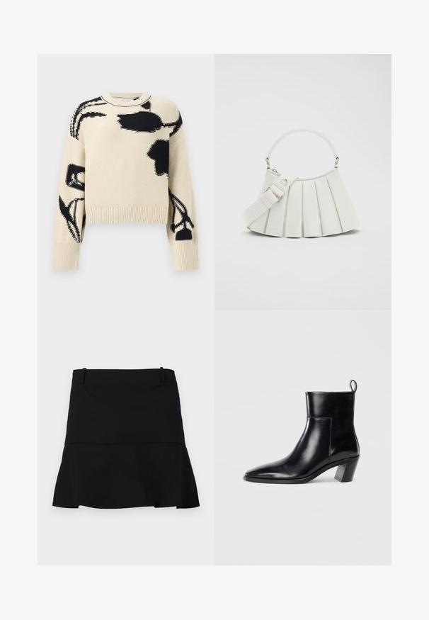 Pull en tricot beige avec des motifs floraux abstraits noirs sur le devant, les manches et les épaules, doté de poignets et d'un ourlet côtelés.; Jupe noire courte avec un léger évasement à l'ourlet et des passants de ceinture à la taille sur un fond blanc.; Bottine en cuir noir avec un bout pointu, un talon empilé géométrique et une languette à l'arrière. Texture lisse et design épuré.; Lacoste LENGLEN BAG - Sac à main - cristalline