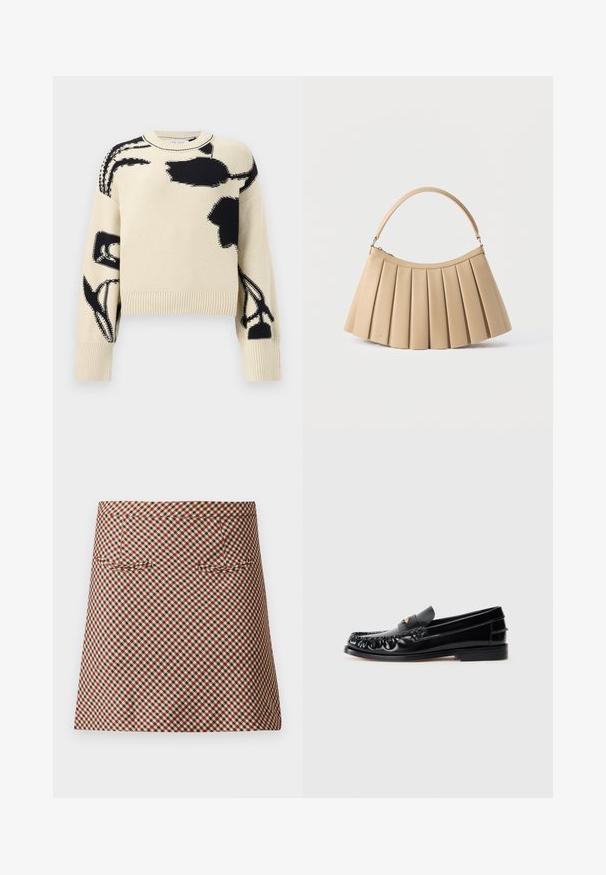 Beige strikket sweater med sorte abstrakte blomsterprint på front, ærmer og skuldre, med ribkant ved ærmer og bund.; Kort ternet nederdel med et skakmønster i rød, sort og creme. Den har en glat overflade og to forlommer.; Sorte læder loafers med rund tå, dekorativ sying og en lille gul accent på vampen. Flad gummisål, slankt design.; Beige plisseret håndtaske med buet toplynlås og enkelt buet håndtag, vist på hvid baggrund.