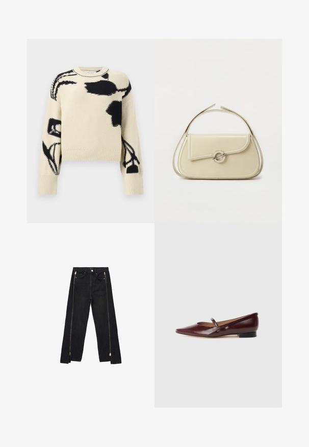 Beige strikket sweater med sorte abstrakte blomsterprint på front, ærmer og skuldre, med ribkant ved ærmer og bund.; Sorte denimjeans med lige ben-design, der har guld lynlåse langs siderne og almindelige lommer ved taljen.; Burgundyrød patenteret lædersko med spids tå og en dekorativ rem over vristen. Har en lav sort hæl.; Cremefarvet læderhåndtaske med buet klap, cirkulært sølvspænde og kort topstrop på en ens hvid baggrund.