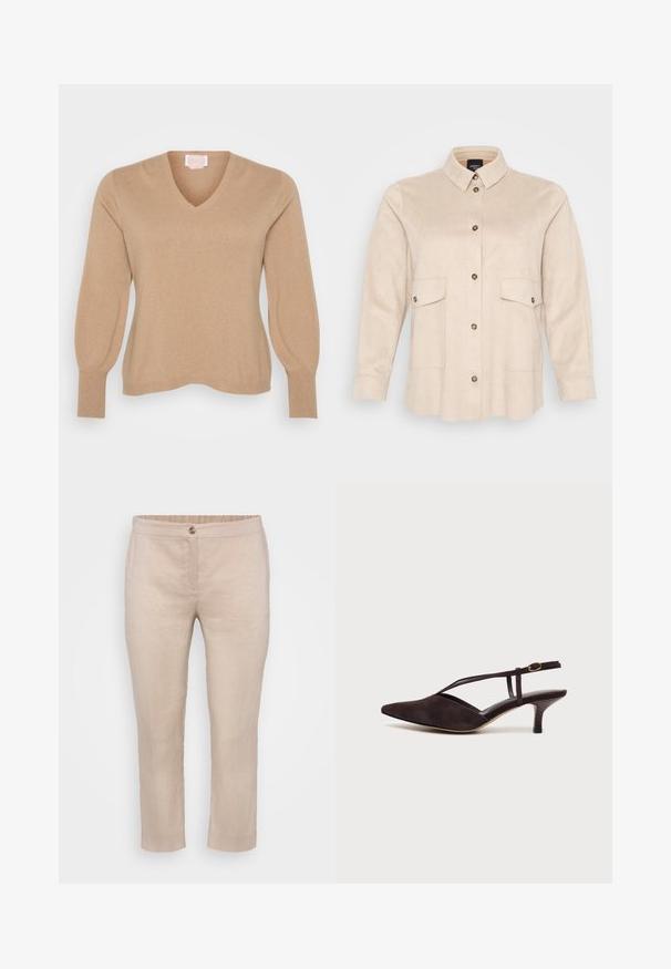Beige V-hals trui met ribgebreide manchetten en lichtgepofferde lange mouwen. Gemaakt van een zachte stof met een gladde textuur.; Beige, overhemd met lange mouwen gemaakt van suèdeachtig materiaal, met een kraag, twee voorzakken en een sluiting met donkere knopen.; Beige linnen cropped broeken met een vlakke voorkant, knoopsluiting en elastische taille. Gladde textuur met minimale naden en geen zakken.; Donkerbruine suède slingback kitten heel schoen met spits toelopende neus en een dunnen enkelband met gouden gesp, weergegeven tegen een witte achtergrond.