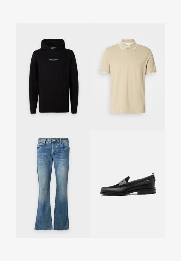 Zwarte hoodie van zacht materiaal, met een voorzak, lange mouwen en een capuchon met trekkoord. Geborduurd "WEEKEND OFFENDER" logo in het blauw.; Beige polo met korte mouwen, witte bies aan de kraag en mouwen, een knoopsluiting met twee knopen, en een klein "GANT"-logo op de borst.; Blauwe flared jeans van denim met een vervaagde was. Beschikken over vijf riemlussen, een knoopsluiting en klassieke stiksels.; Zwarte leren loafer met grijs riemdetailelement, lage hak en gestructureerde zool, aan de zijkant gebrandmerkt met "HUGO" in goud.